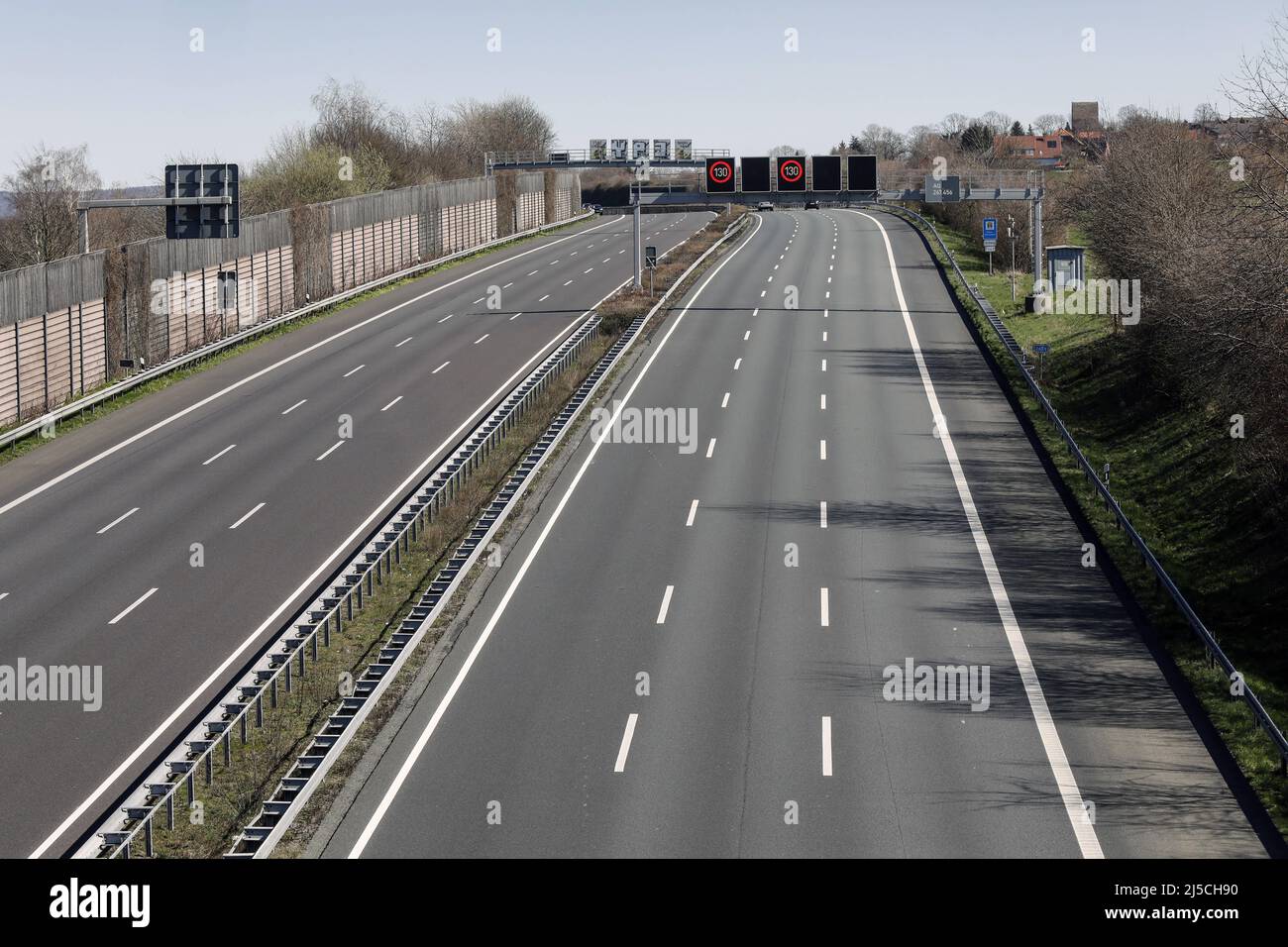View of the empty A2 highway near Hessisch Oldendorf. Traffic on the otherwise busy A2 autobahn has dropped sharply due to the coronavirus outbreak. [automated translation] Stock Photo
