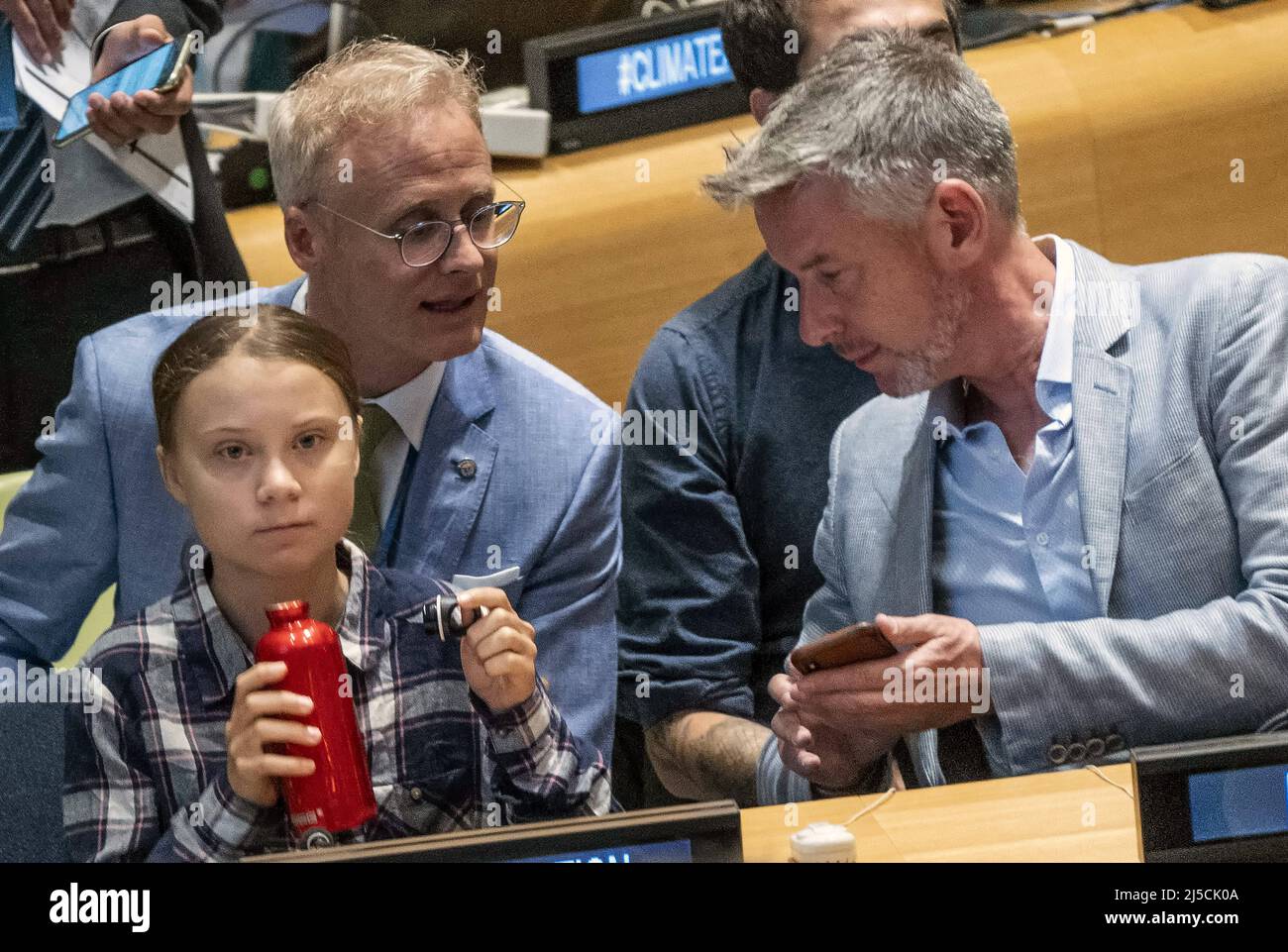 USA, New York, Sept. 21, 2019. opening the first United Nations Youth Climate Summit with Antonio Manuel de Oliveira Guterres, Secretary General of the United Nations in New York on Sept. 21, 2019. Greta Thunberg, Young Climate Activist. [automated translation] Stock Photo