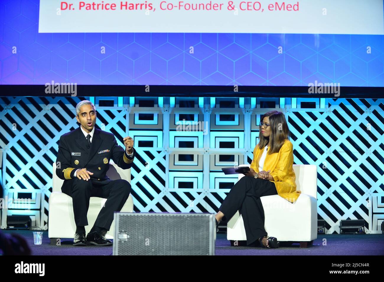 Miami Beach, FL, USA. 19th Apr, 2022. Dr. Vivek H. Murthy, U.S. Surgeon General and Dr. Patrice Harris, Co-founder   CEO, eMed attend eMerge Americas 2022 at the Miami Beach Convention Center on April 19, 2022 in Miami Beach, Florida. Credit: Mpi10/Media Punch/Alamy Live News Stock Photo