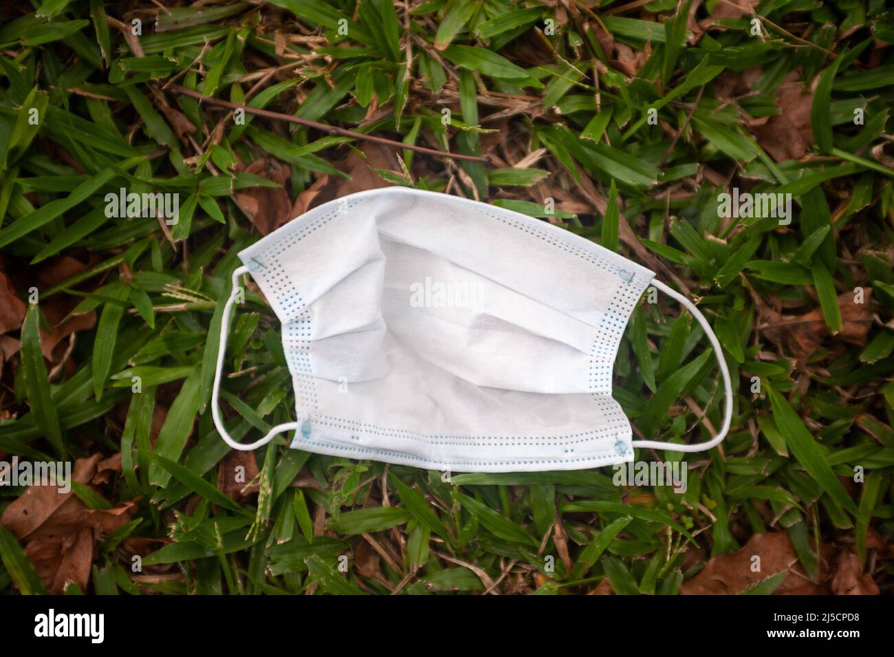 07/06/2020, Singapore, Republic of Singapore, Asia - A discarded and used mouthguard to protect against Covid-19 (coronavirus) infection lies on the ground in the grass. [automated translation] Stock Photo