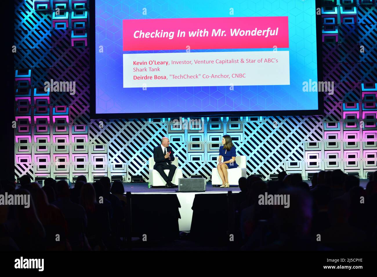 Miami Beach, FL, USA. 19th Apr, 2022. Kevin O'Leary and Deirdre Bosa,  Co-Anchor of "TechCheck", CNBC attend eMerge Americas 2022 at the Miami  Beach Convention Center on April 19, 2022 in Miami