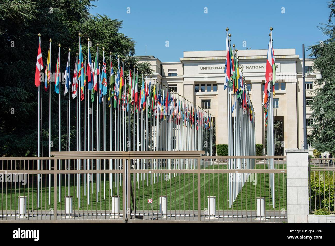 Flags in front of the United Nations building, Geneva, Switzerland Stock Photo