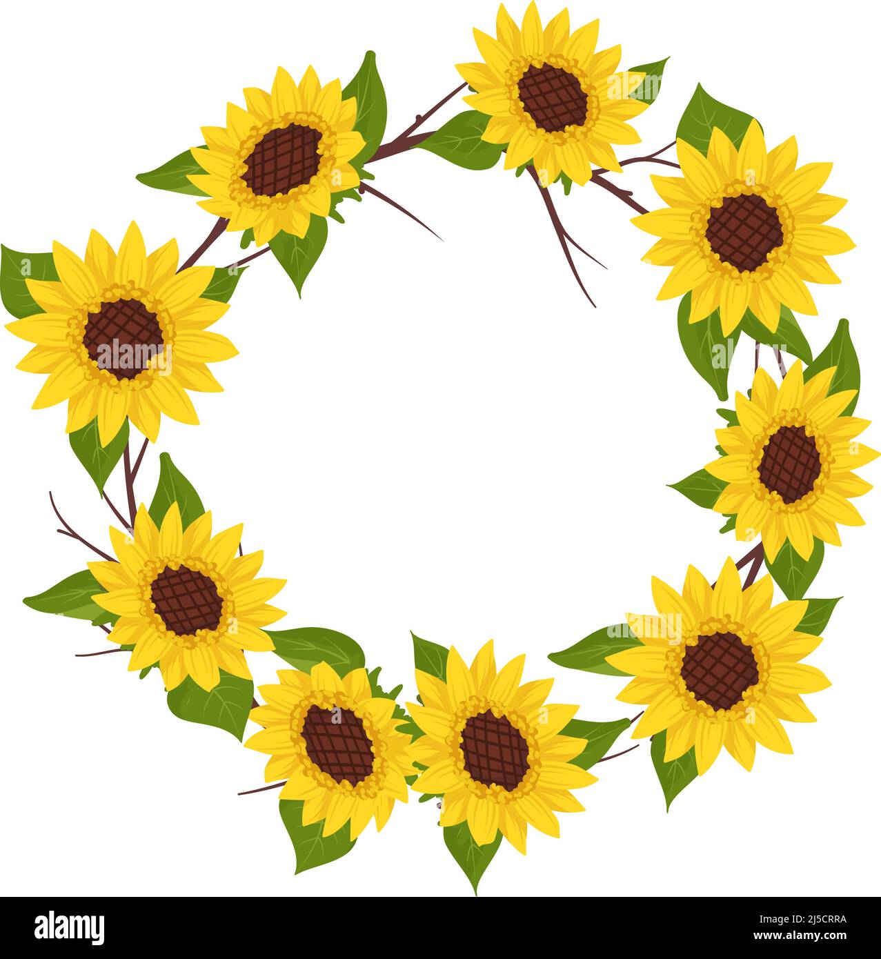 Yellow sunflower wreath with green leaves. Round frame, cute bright ...