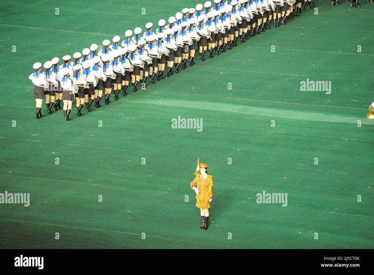 08.08.2012, Pjoengjang, North Korea, Asia - A military band performs as part of the artistic performance with dancers and acrobats at the May First Stadium during the Arirang Festival and Mass Games in the North Korean capital. [automated translation] Stock Photo