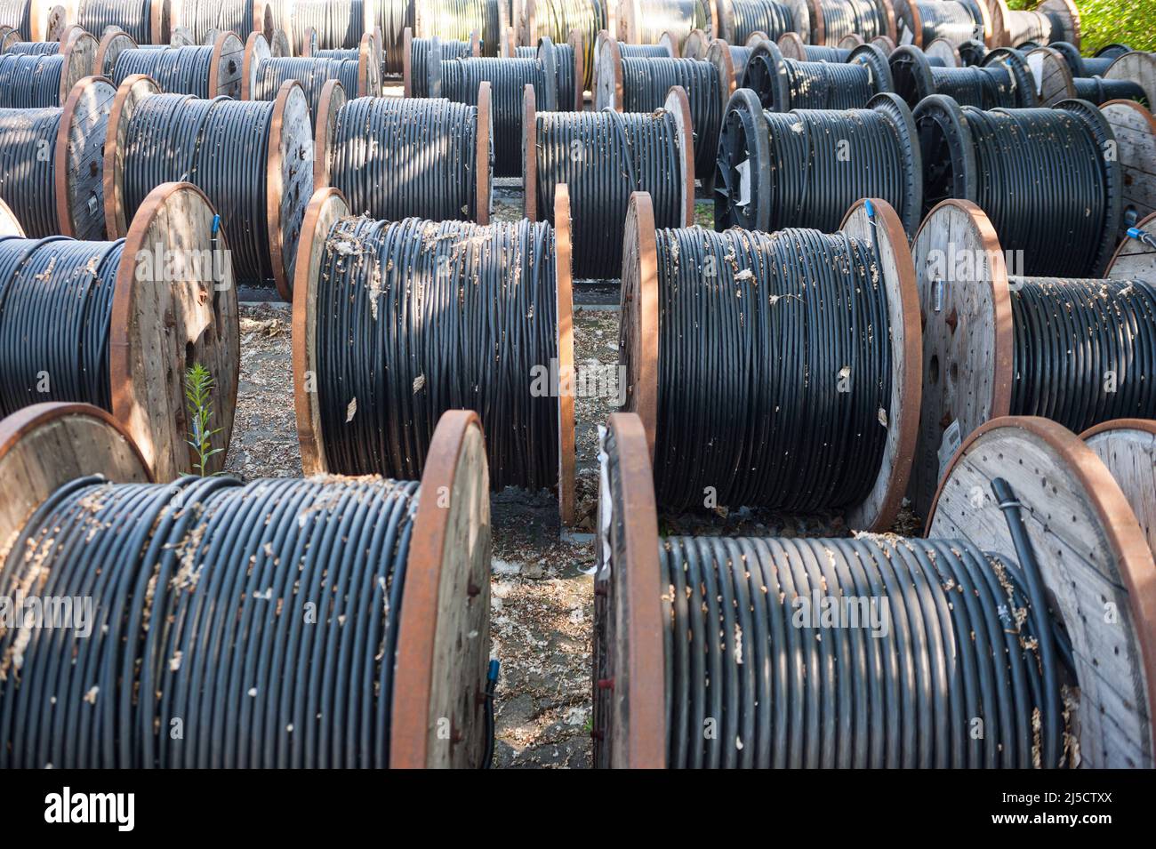 14.06.2017, Berlin, Germany, Europe - Black underground cables for power  supply are spooled on wooden cable reels. [automated translation] Stock  Photo - Alamy