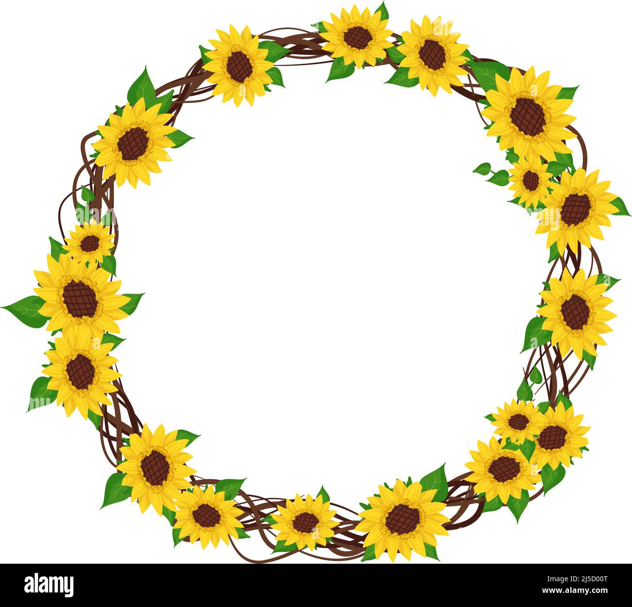 Yellow sunflower wreath with green leaves. Round frame, cute bright ...