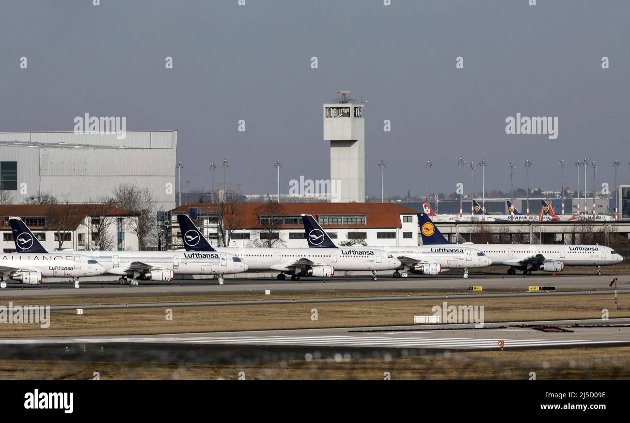 Schoenefeld, DEU, 23.02.2021 - Decommissioned Lufthansa aircraft at BER Airport. A large part of the 760 aircraft Lufthansa-Grupe had to shut down due to the Corona crisis. [automated translation] Stock Photo