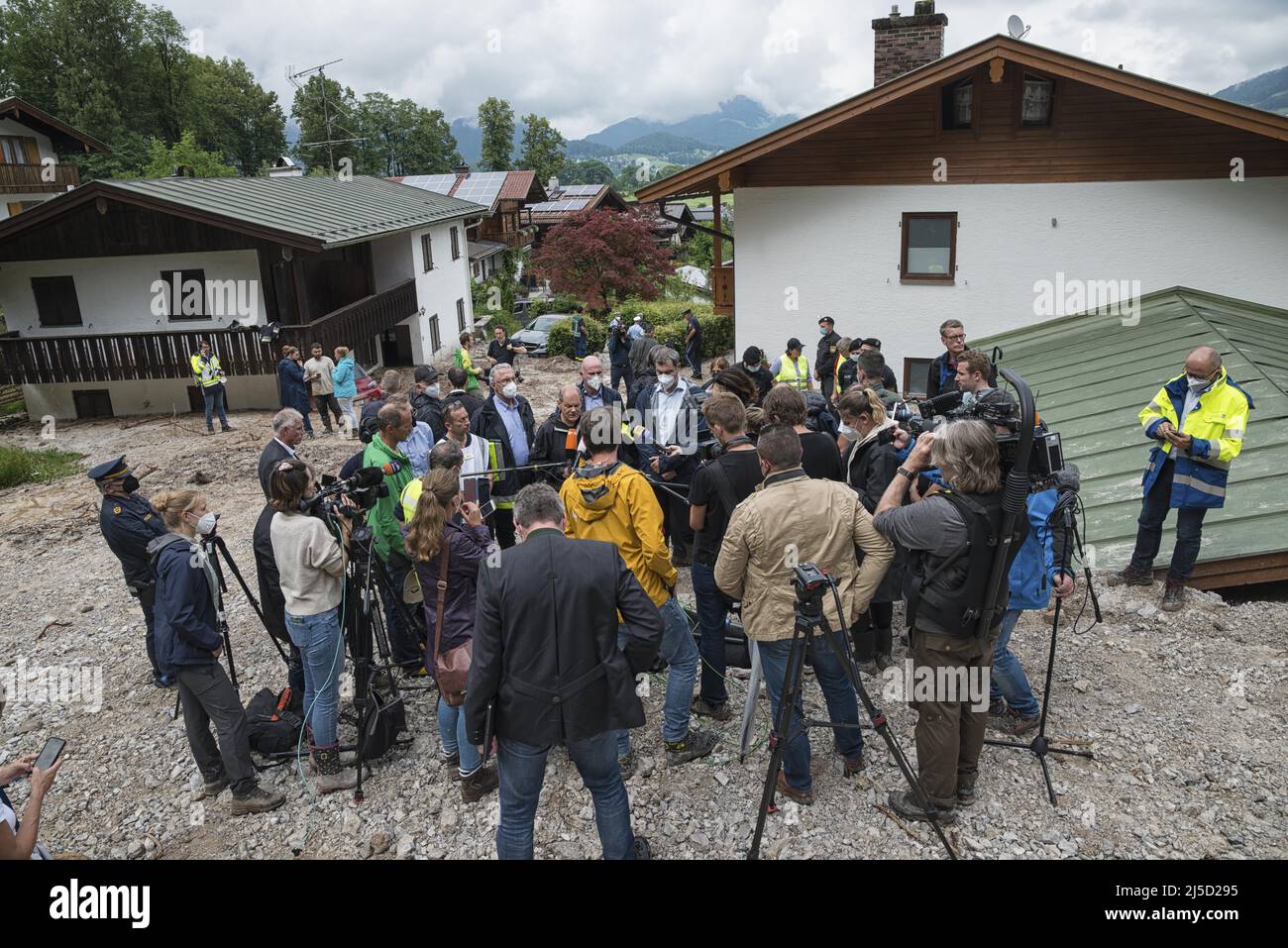 High water and flooding in the Berchtesgadener Land district: Bavarian Prime Minister Markus Söder (CSU) and German Finance Minister Olaf Scholz (SPD) visit the disaster area and hold a press conference in Schönau am Königssee. [automated translation] Stock Photo