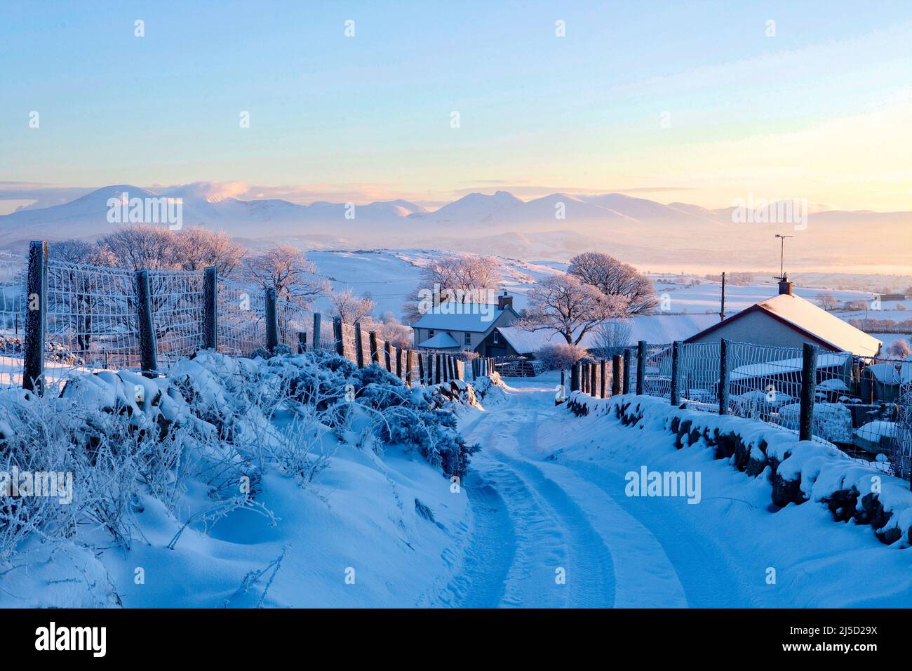 The Mourne mountains a country lane and farmhouses in the snow, County Down, Northern Ireland Stock Photo