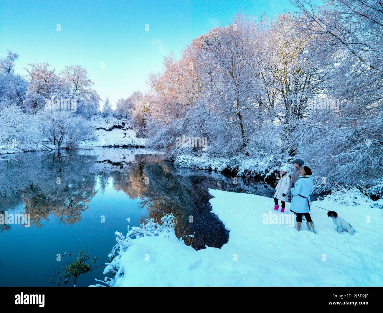 Three people and their dog look over the River Lagan in a snow covered Lagan Valley Regional Park, Minnowburn, Belfast, Northern Ireland Stock Photo
