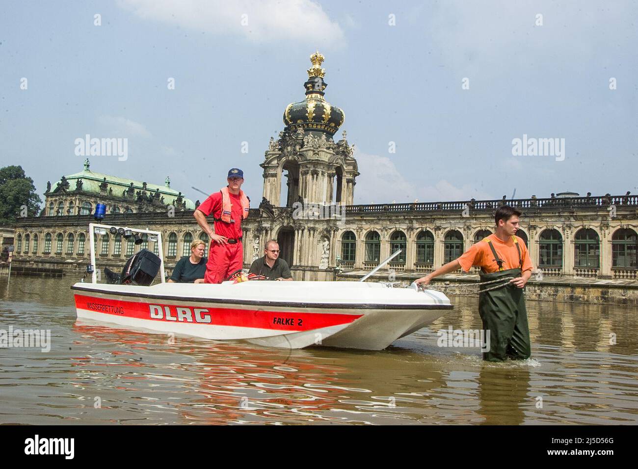 Dresden, 17.08.2002 - DLRG boat in the flooded Dresden city center, at the Zwinger. On August 12, 2002, at about 6:00 p.m., a disaster alarm was sounded for Dresden. In the city center the main station, the Semperoper, the Zwinger and the state parliament were flooded. [automated translation] Stock Photo