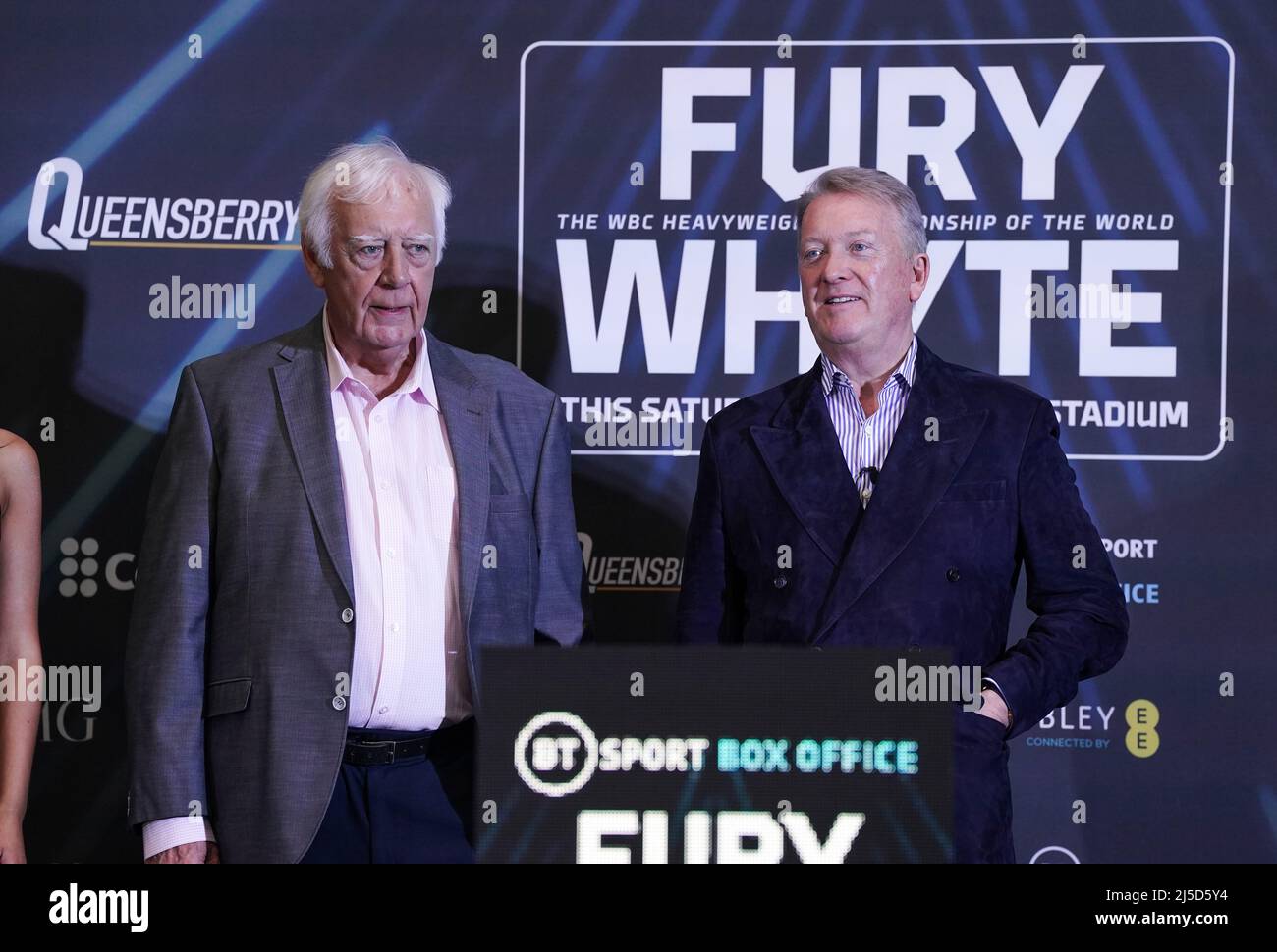 British Boxing Board of Control chairman Charles Giles and promoter Frank Warren during the weigh in at BOXPARK Wembley, London. Picture date: Friday April 22, 2022. Stock Photo