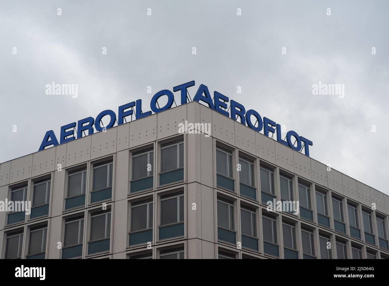 29.01.2022, Berlin, Germany, Europe - Lettering of the Russian airline Aeroflot Russian Airlines on the roof of a building at the corner of Glinkastrasse and Unter den Linden in the Mitte district. [automated translation] Stock Photo