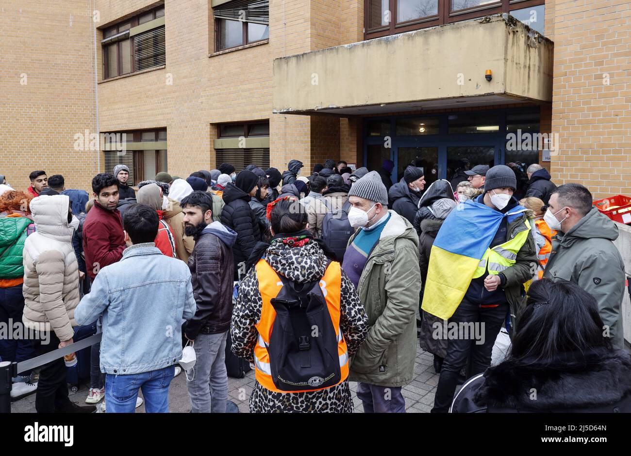 Berlin, 04.03.2022 - Heavy rush of refugees from Ukraine at the Berlin Central Arrival Center. Here, the war refugees are registered, health care is provided and accommodation is organized. [automated translation] Stock Photo
