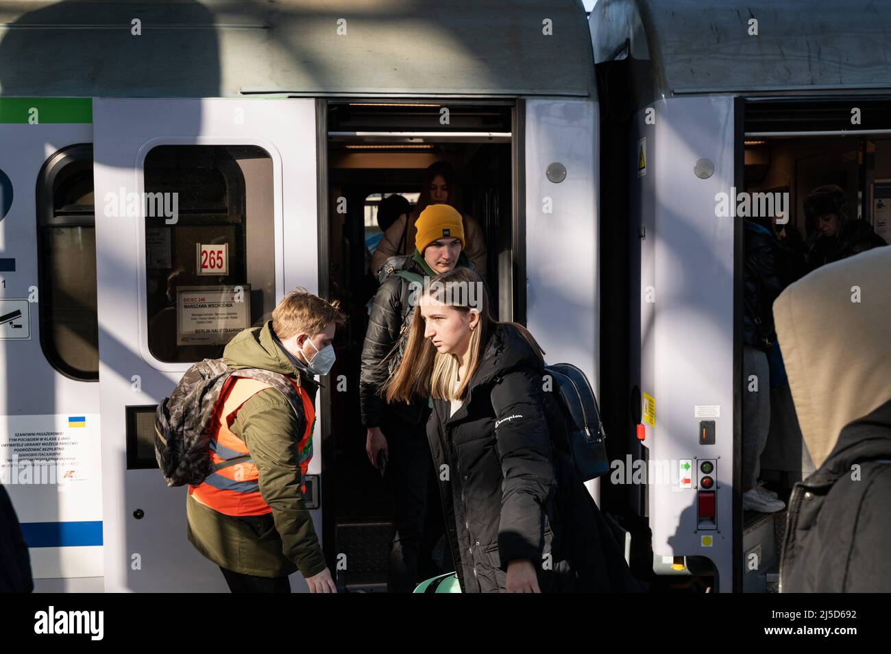 March 10, 2022, Berlin, Germany, Europe - War refugees from Ukraine disembark from a train from Warsaw as they arrive at Berlin's main train station after fleeing war from their homeland. [automated translation] Stock Photo