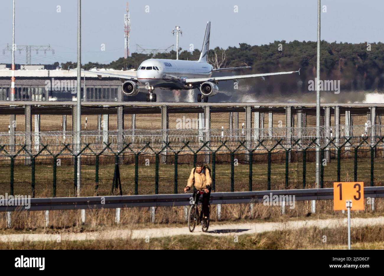 An Airbus of the Greek Aegan airline takes off at BER Airport, Berlin Brandenburg. [automated translation] Stock Photo