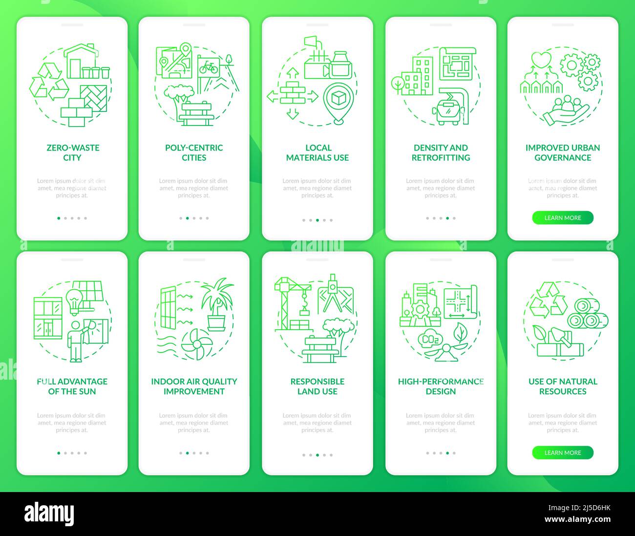 Sustainable urbanization green gradient onboarding mobile app screen set Stock Vector