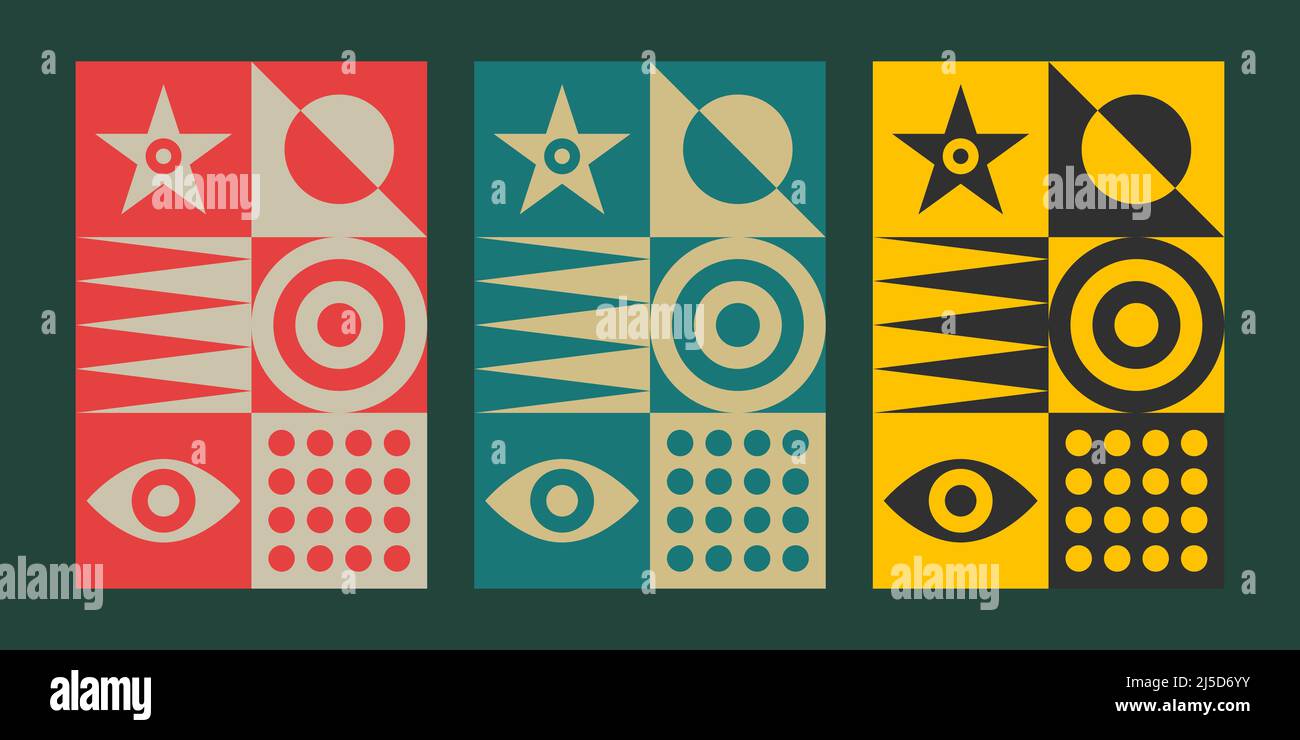 Bauhaus poster, abstract geometric background. Pattern with circle, square, eye Stock Vector