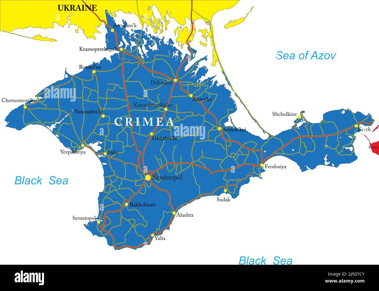 Highly detailed vector map of Crimea with administrative regions, main cities and roads. Stock Vector