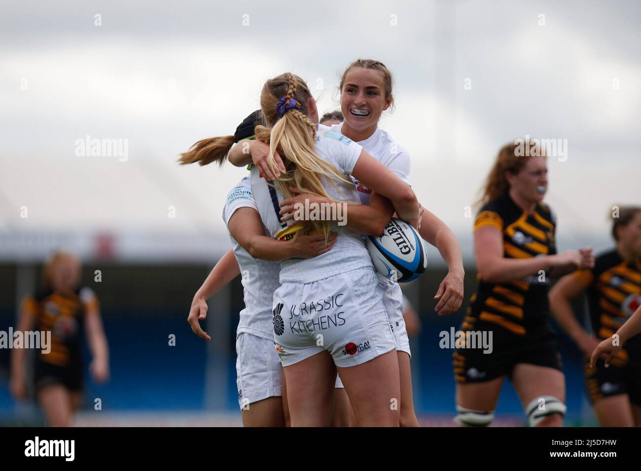Exeter Chiefs Rugby Women celebrate scoring a try Stock Photo Alamy