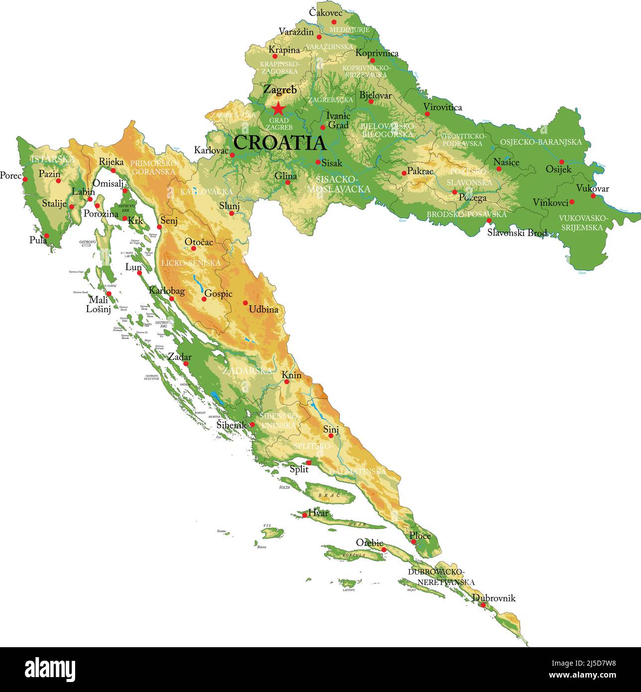 Highly detailed physical map of the Croatia, in vector format,with all the relief forms,regions and big cities. Stock Vector