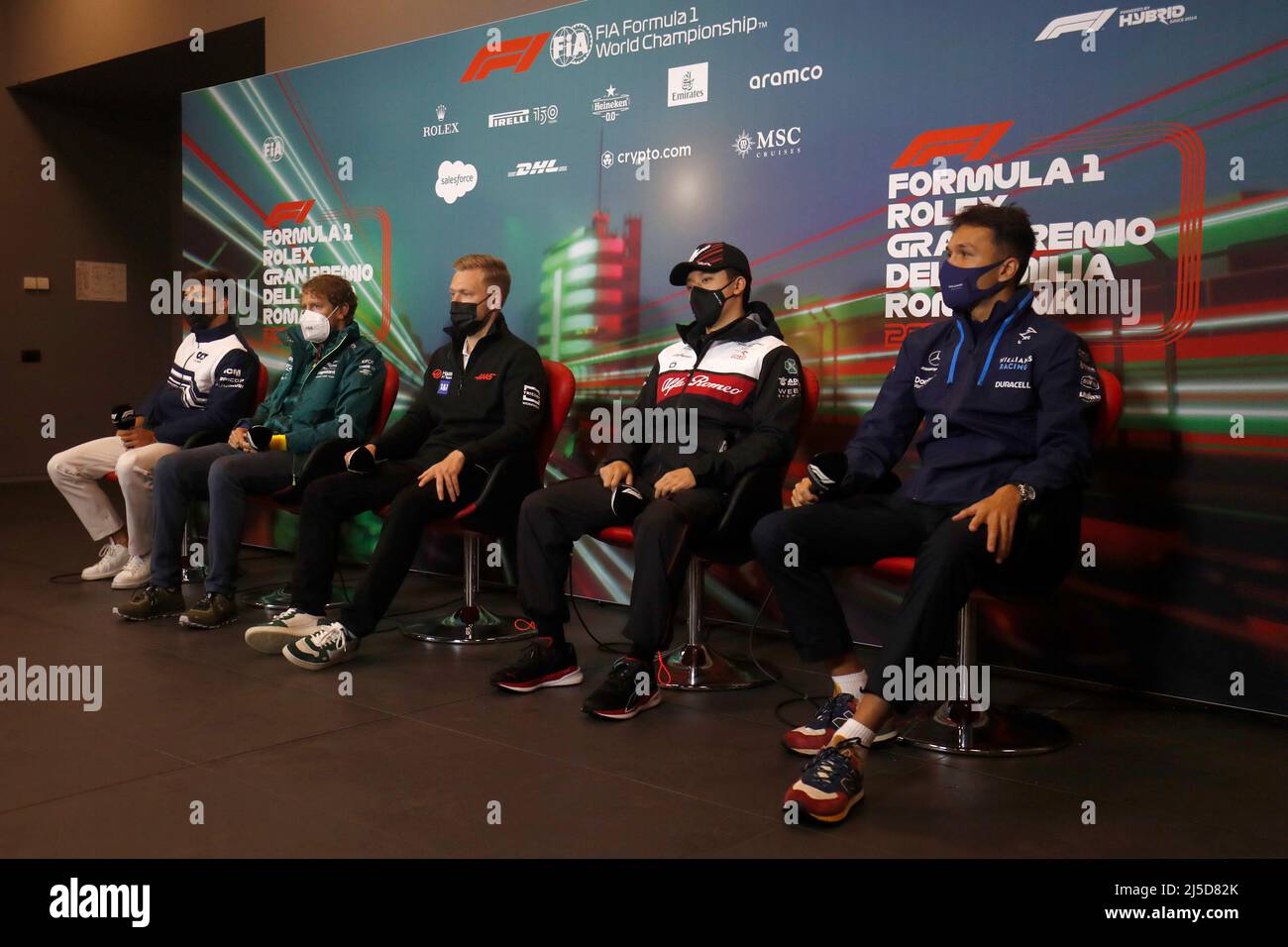 Imola, Italy. 22nd Apr, 2022. #10 Pierre Gasly (FRA, Scuderia AlphaTauri),  #5 Sebastian Vettel (DEU, Aston Martin Aramco Cognizant F1 Team), #20 Kevin  Magnussen (DNK, Haas F1 Team), #24 Guanyu Zhou (CHN,