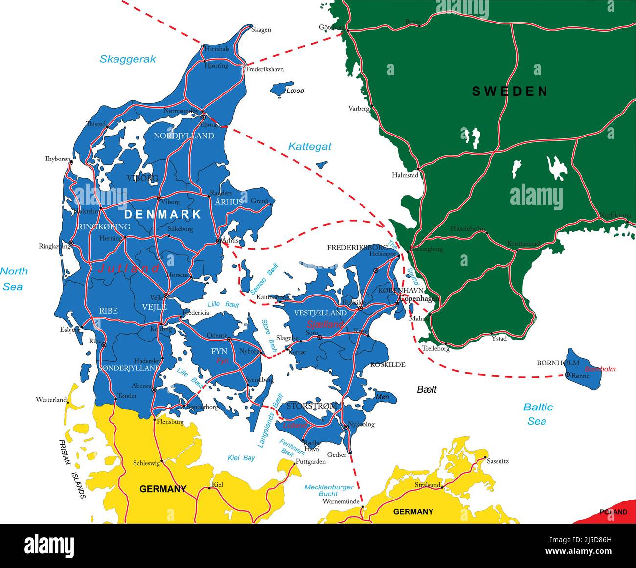 Highly detailed vector map of Denmark with administrative regions,main cities and roads. Stock Vector