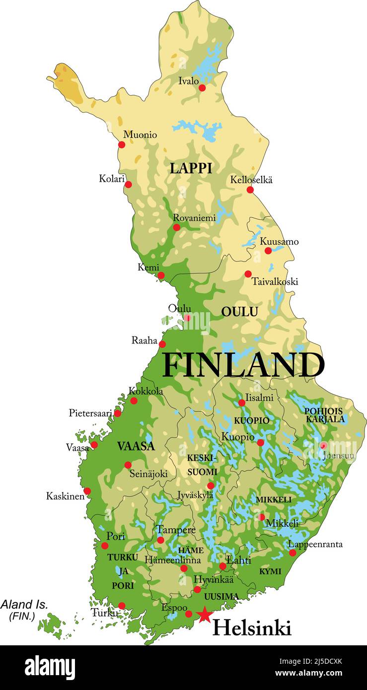 Highly detailed physical map of Finland,in vector format,with all the relief forms,regions and big cities. Stock Vector