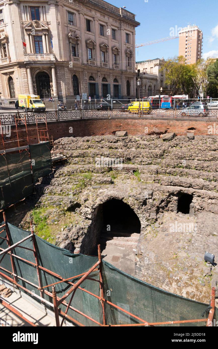 Amphitheatre of Catania is a Roman amphitheatre in Catania, Sicily, southern Italy, built in the Roman Imperial period. (129) Stock Photo