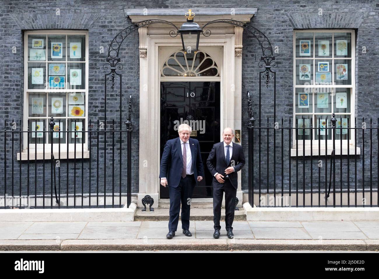 Chancellor of Germany Olaf Scholz arrives Downing Street and is received by UK Prime Minister Boris Johnson.   Images shot on the 8th April 2022.  © B Stock Photo