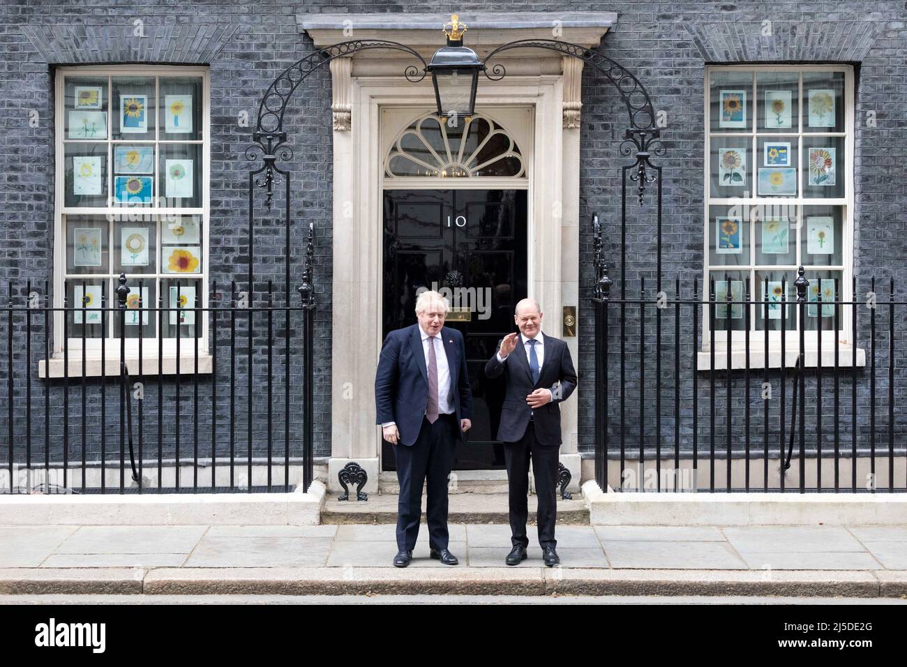 Chancellor of Germany Olaf Scholz arrives Downing Street and is received by UK Prime Minister Boris Johnson.   Images shot on the 8th April 2022.  © B Stock Photo