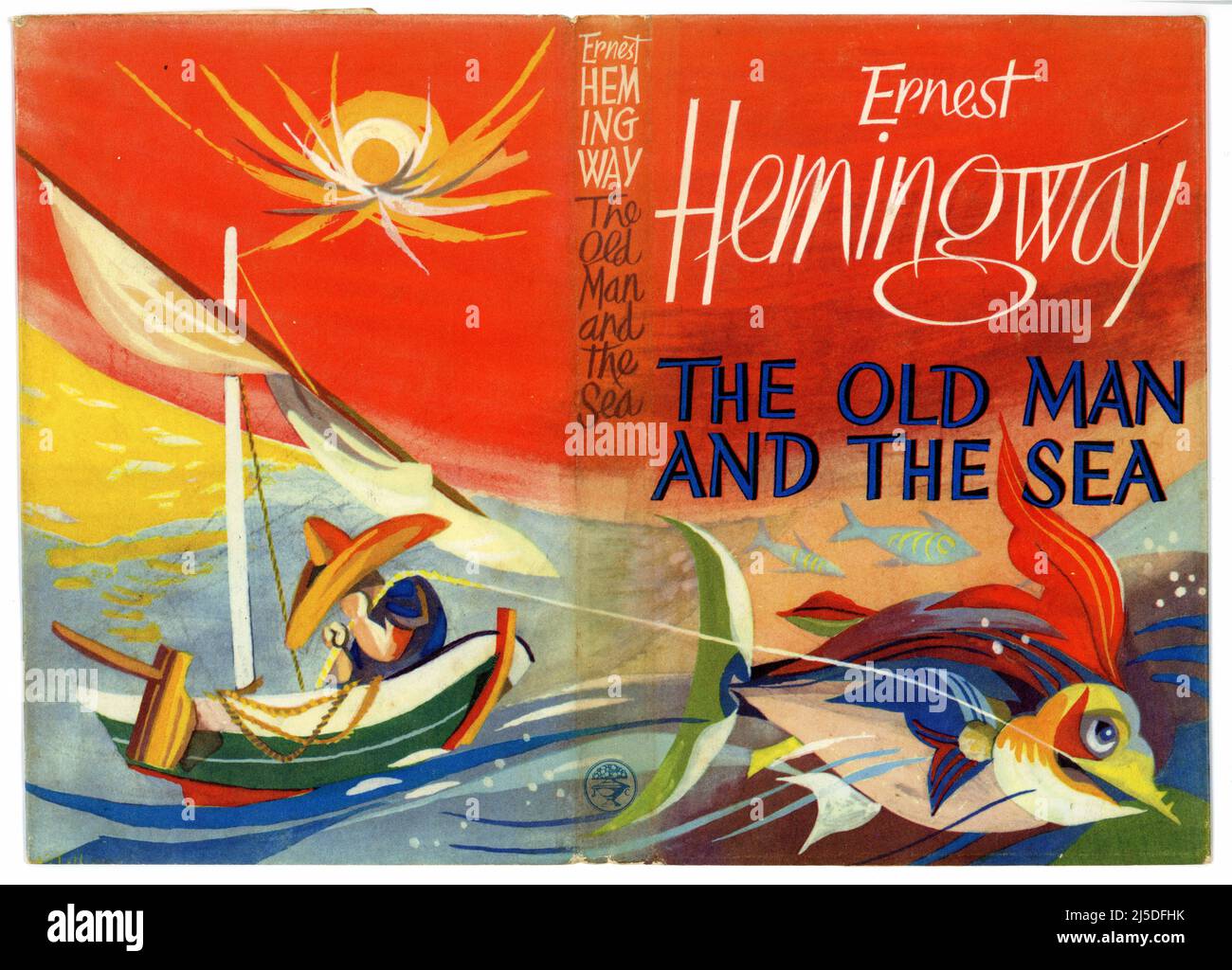 Wonderful original retro / mid-century Illustrated book cover of 'The Old Man and the Sea', published in 1952 written by famous American author, Ernest Hemingway. First British publication. Stock Photo