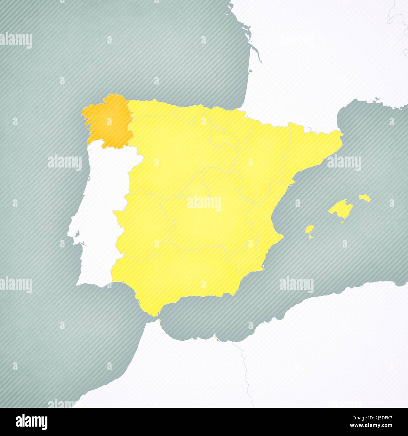 Galicia on the map of Spain with softly striped vintage background. Stock Photo