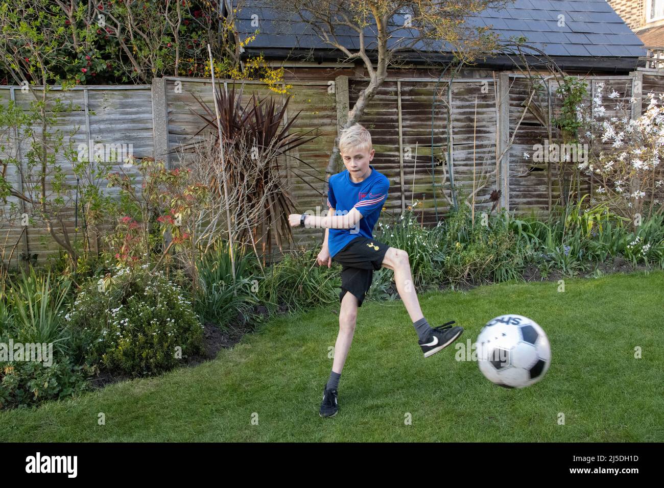 11 year-old caucasian boy playing football in back garden, England, United Kingdom Stock Photo