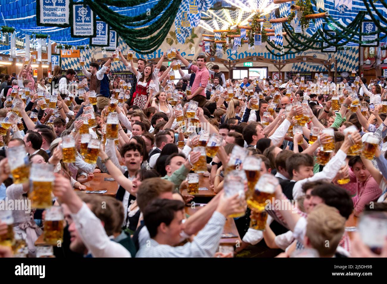 Munich, Germany. 22nd Apr, 2022. Numerous people celebrate at the Spring Festival in a beer tent. From 22.04. - 08.05.2022 the spring festival takes place. Credit: Sven Hoppe/dpa/Alamy Live News Stock Photo