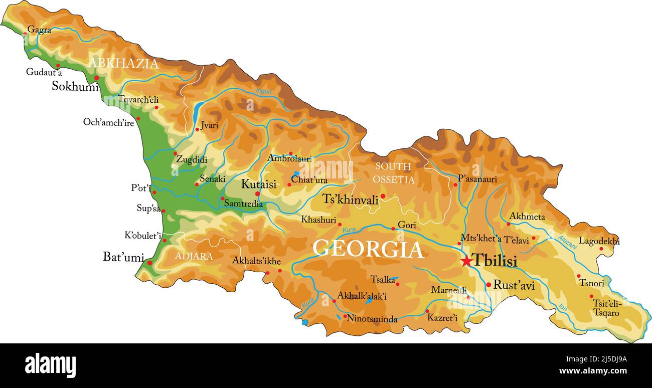 Highly detailed physical map of Georgia,in vector format,with all the relief forms,regions and big cities. Stock Vector