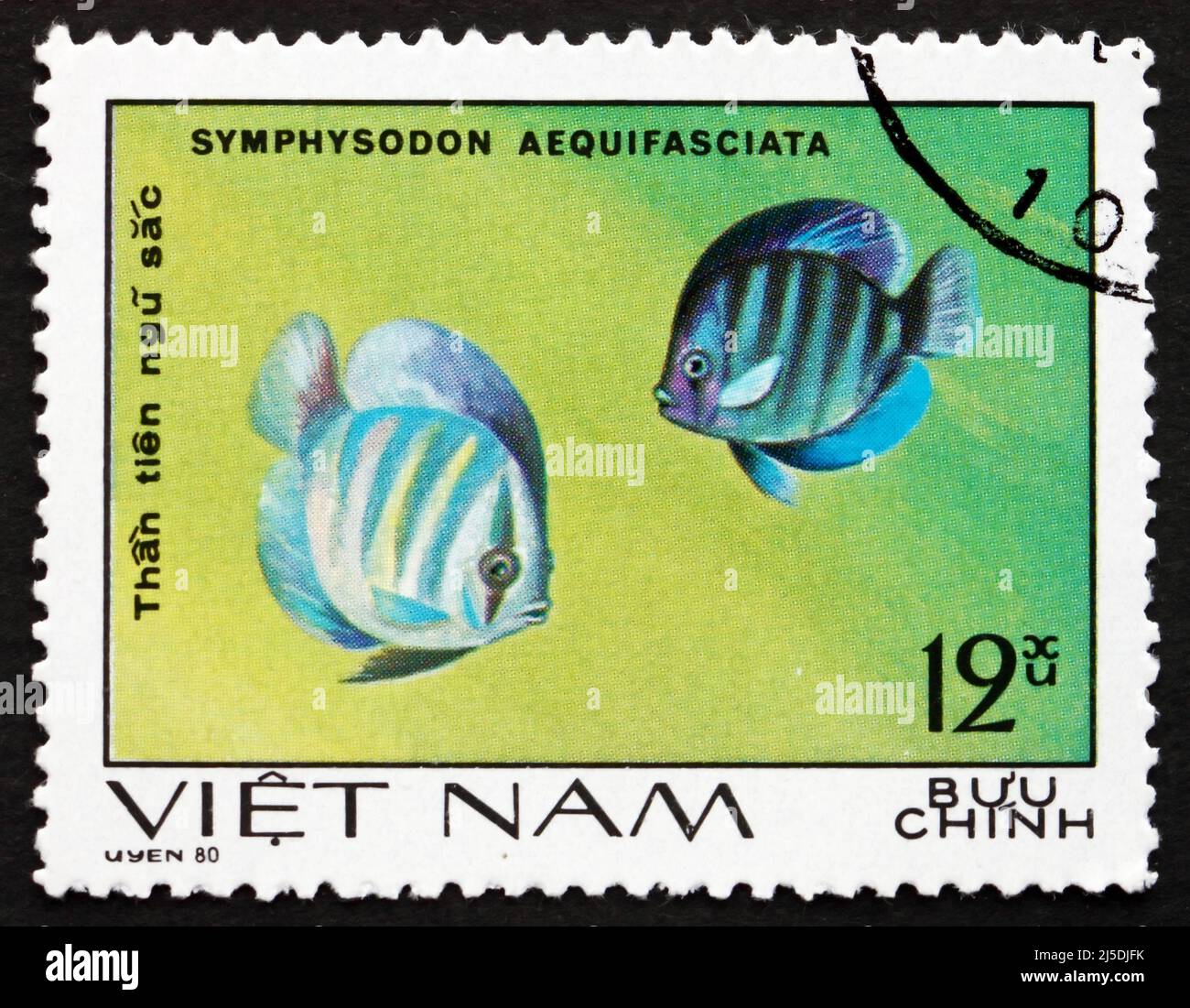 VIETNAM - CIRCA 1981: a stamp printed in Vietnam shows Blue Discus, Symphysodon Aequifasciata, Fish, circa 1981 Stock Photo