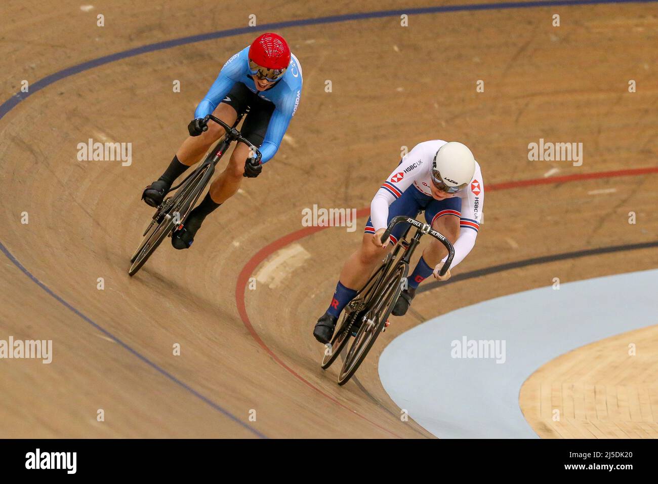 Glasgow, UK. 22nd Apr, 2022. On day two of the UCI Track Nations Cup, Women cyclists from across the world took part in the Women's Sprint qualifying race. Credit: Findlay/Alamy Live News Stock Photo