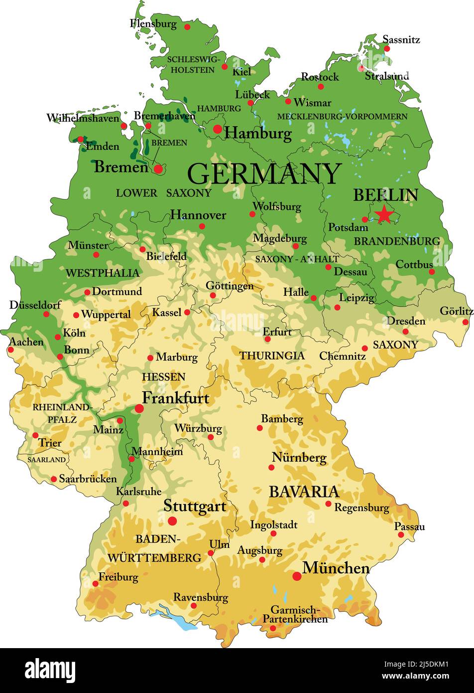 Highly detailed physical map of Germany,in vector format,with all the relief forms,regions and big cities. Stock Vector