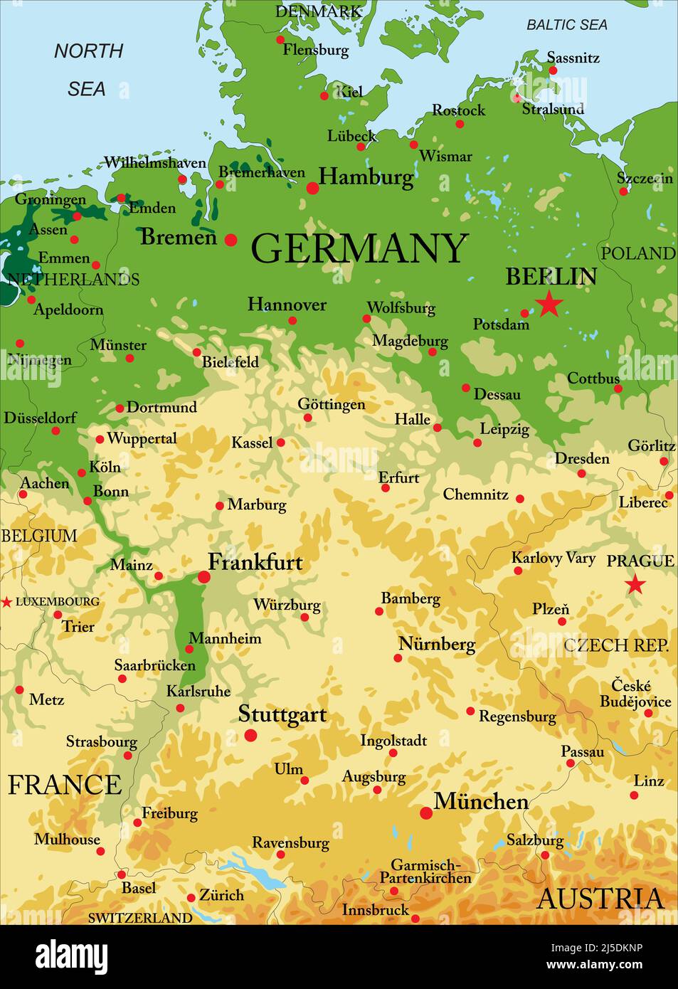 Highly detailed physical map of Germany,in vector format,with all the relief forms,regions and big cities. Stock Vector
