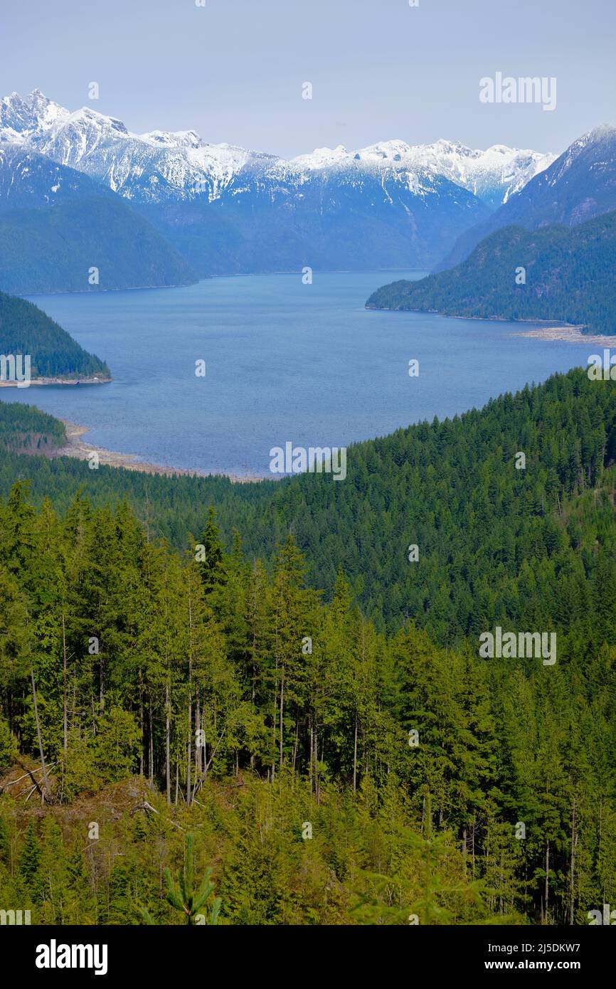 Looking north across forest and Stave Lake to snow-capped mountains from viewpoint on Hunter Logging Road hiking trail, near Mission, BC, Canada Stock Photo