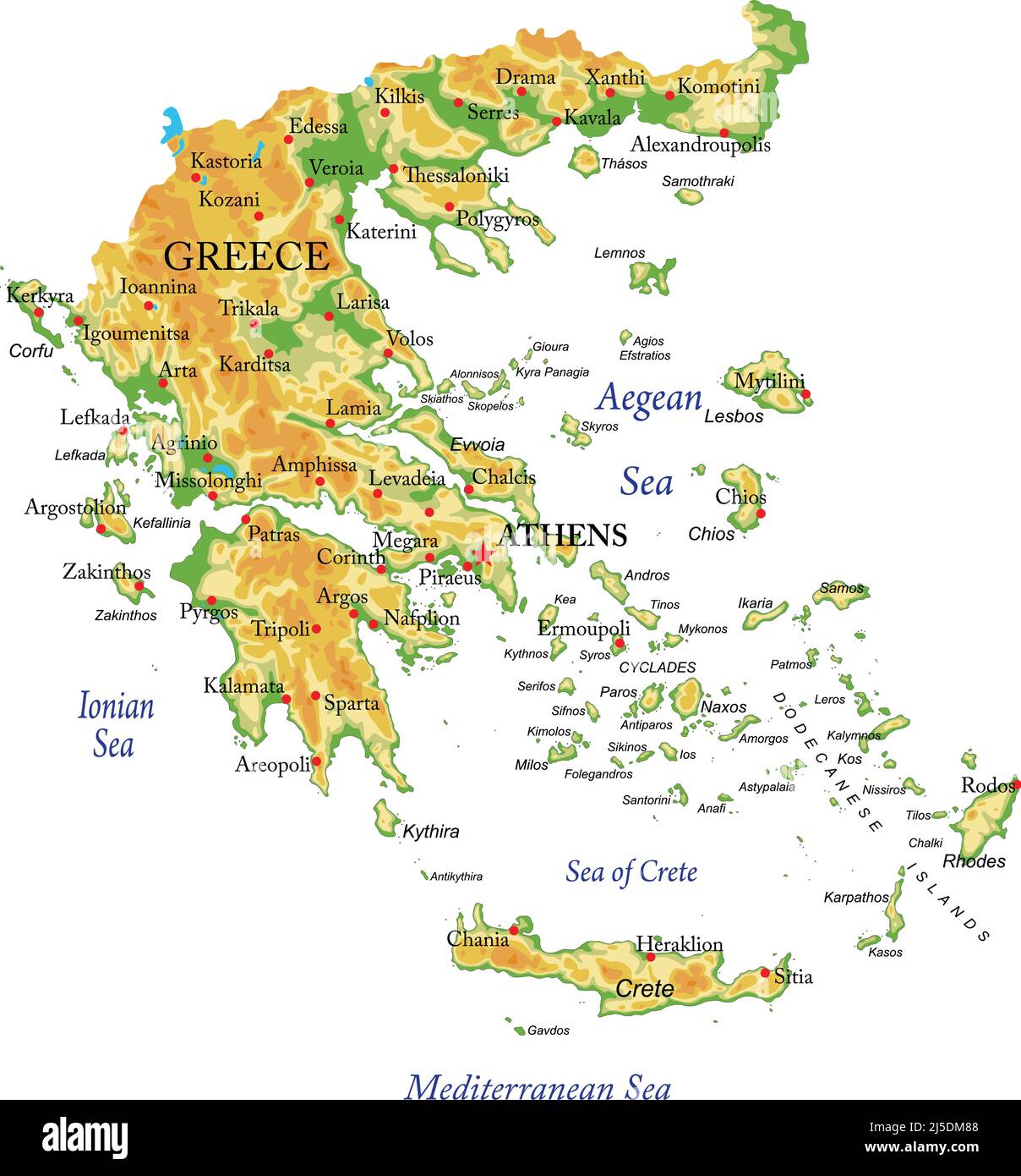 Highly detailed physical map of Greece,in vector format,with all the relief forms,regions and big cities. Stock Vector