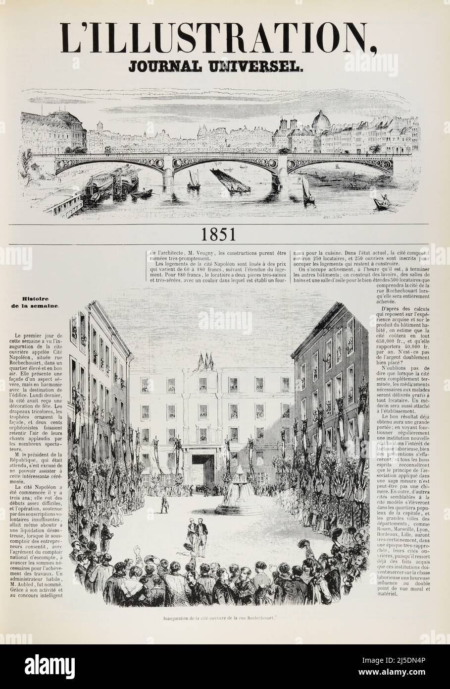 Eng translation : ' Inauguration of the workers' housing estate on rue Rochechouart ' - Original in french : ' Inauguration de la cité ouvrière de la rue Rochechouart ' - Extract from 'L'Illustration Journal Universel' - French illustrated magazine - 1851 Stock Photo