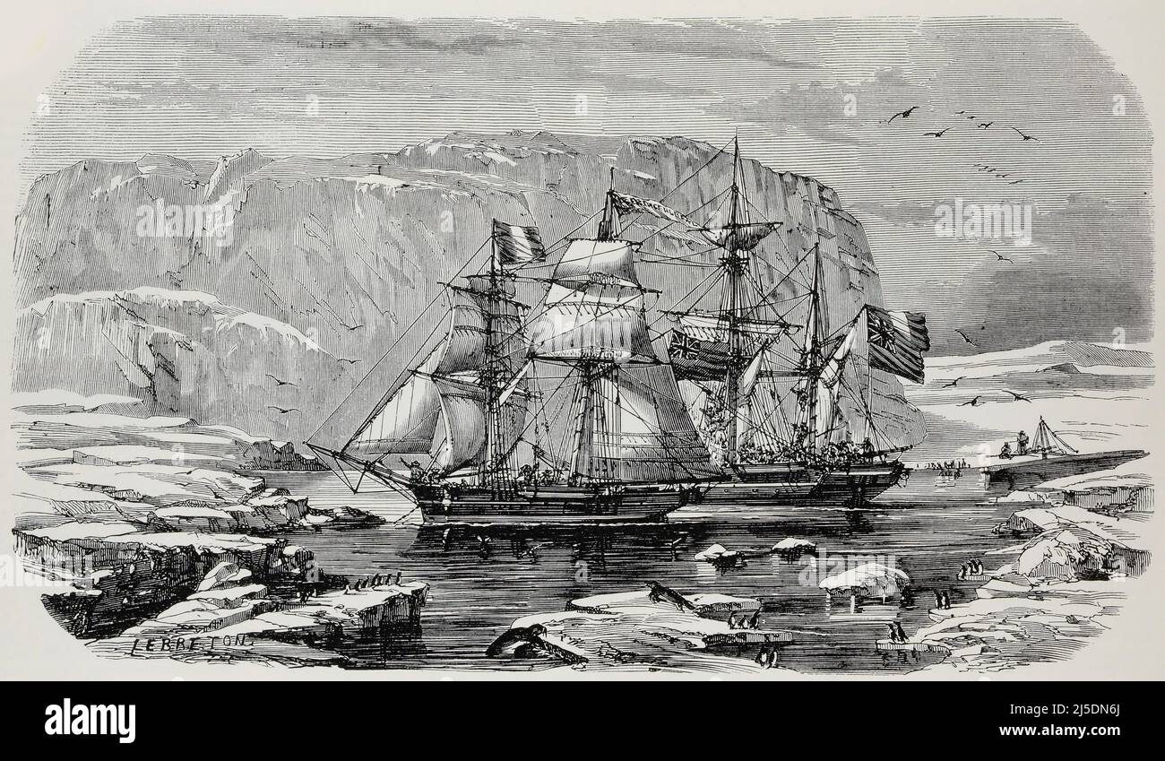 Eng translation : ' Bay of Erebus and Terror, in which Franklin spent the winter from 1845 to 1846 ' - Original in french : ' Baie de l’Erebus et du Terror, dans laquelle Franklin a passé l’hiver de 1845 à 1846.' - Extract from 'L'Illustration Journal Universel' - French illustrated magazine - 1953 Stock Photo