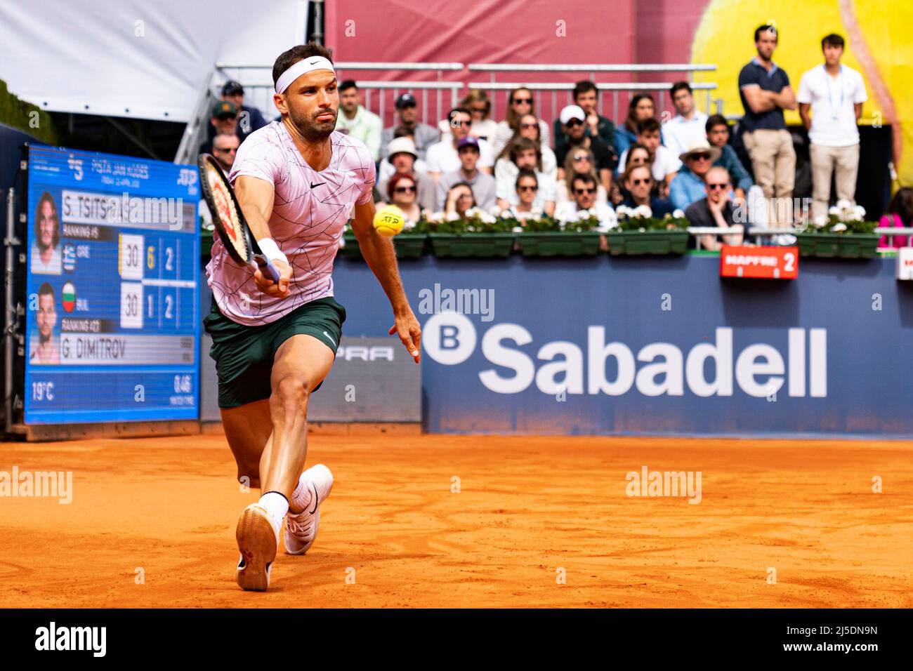 Barcelona, Spain. 22nd Apr, 2022. Grigor Dimitrov of Bulgaria in action  during the Barcelona Open Banc Sabadell at the Real Club de Tenis Barcelona  on April 22, 2022 in Barcelona, Spain. Foto: