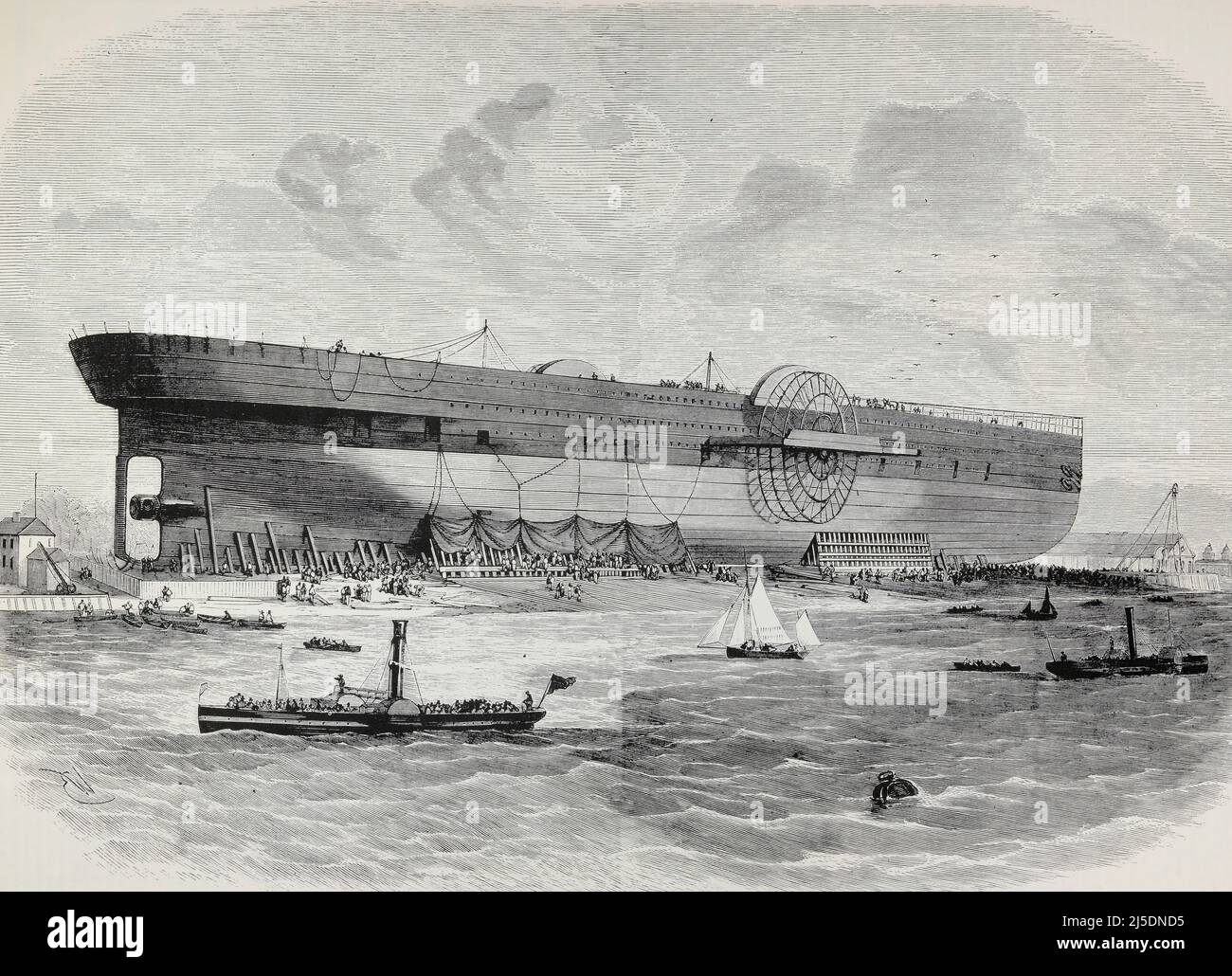 Eng translation : ' Preparations for the launch of the Leviathan (Great-Eastern), in London ' - Original in french : ' Préparatifs pour le lancement du Léviathan (Great-Eastern), à Londres ' - Extract from 'L'Illustration Journal Universel' - French illustrated magazine - 1857 Stock Photo
