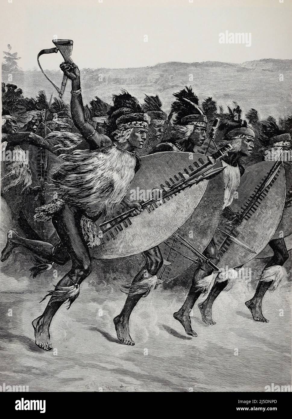 Eng translation : ' ZULUS WARRIORS MARCHING TO BATTLE  ' - Original in french : ' GUERRIERS ZOULOUS MARCHANT AU COMBAT  ' - Extract from 'L'Illustration Journal Universel' - French illustrated magazine - 1879 Stock Photo