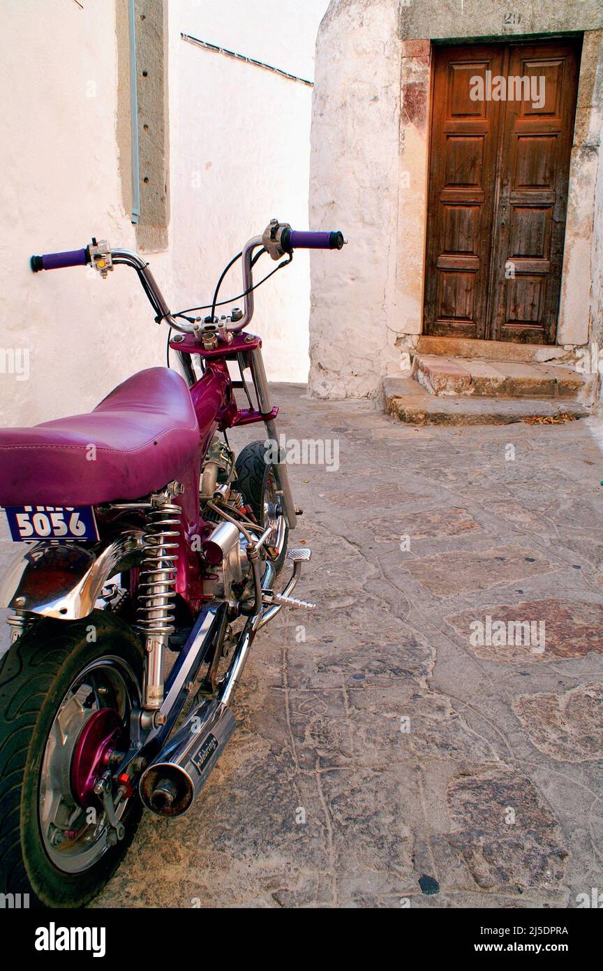 Greece, Patmos island, a bike in the streets of Hora town, August 16 2006. Stock Photo