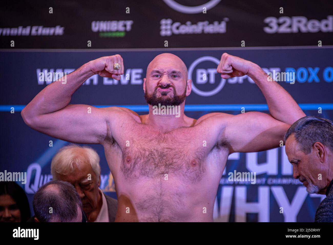 LONDON, ENGLAND - APRIL 22: Boxer Tyson Fury steps on the scale during the official weigh-in for his bout against Dillian Whyte at the Boxepark on April 22, 2022, in London, England, UK. (Photo by Matt Davies/PxImages) Credit: Px Images/Alamy Live News Stock Photo