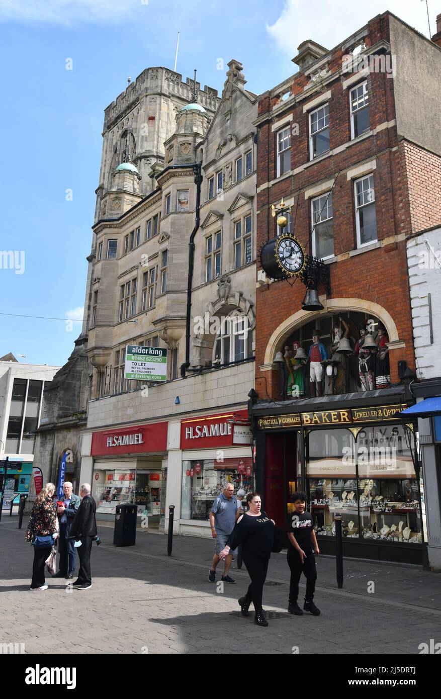 Victorian shopfront of Jeweller Baker and Son with famous Baker's Clock, Southgate Street, Gloucester, England, UK Stock Photo